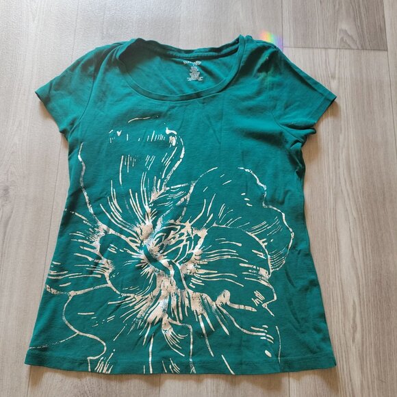 St. Johns Bay Green Floral Graphic Short Sleeve T-Shirt Womens L 100% Cotton Cas - Picture 4 of 6